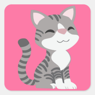 Cute Smiling Grey Tabby Cat Square Sticker
