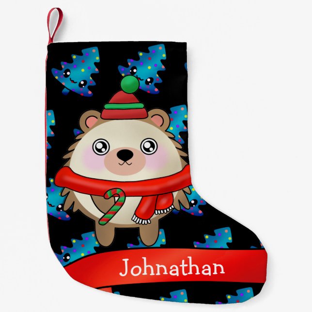 Cute Smiling Hedgehog with Santa Hat Small Christmas Stocking (Front)