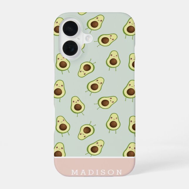 Cute Smiling Kawaii Avocado Pattern Personalized iPhone 16 Case (Back)