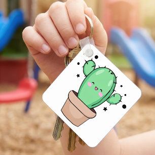 Cute smiling Kawaii Baby Cactus in vase with stars Keychain