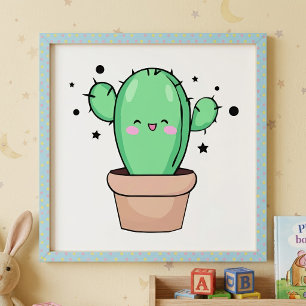 Cute smiling Kawaii Baby Cactus in vase with stars Photo Print