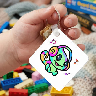 Cute Smiling Kawaii Baby Chameleon With Headphones Keychain
