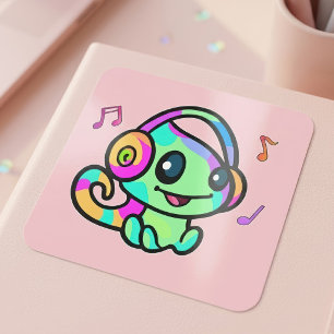 Cute Smiling Kawaii Baby Chameleon With Headphones Square Sticker