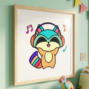 Cute smiling Kawaii Baby Raccoon with Headphones Photo Print