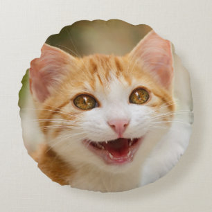 Cute Smiling Kitten Face Funny Cat Meow Photo Round Pillow