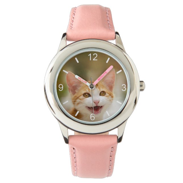 Cute Smiling Kitten Face Funny Cat Meow Photo Watch (Front)