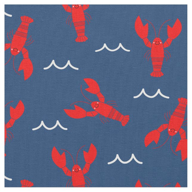 Cute Smiling Lobster on Navy Blue Fabric (Close Up)