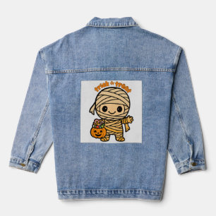 Cute Smiling Mummy Kid with Pumpkin Candy Basket Denim Jacket