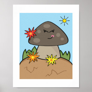Cute Smiling Mushroom   Sunny Woodland Art Poster