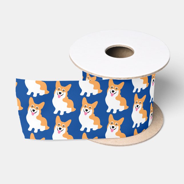 Cute Smiling Pembroke Welsh Corgi Blue Satin Ribbon (Spool)