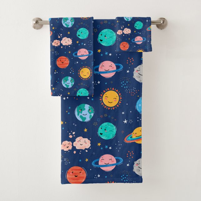 Cute Smiling Planet Pattern Bath Towel Set (Insitu)