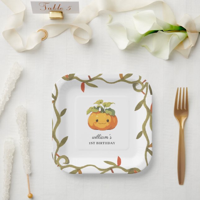 Cute Smiling Pumpkin Land 1st Birthday Paper Plate (Wedding)