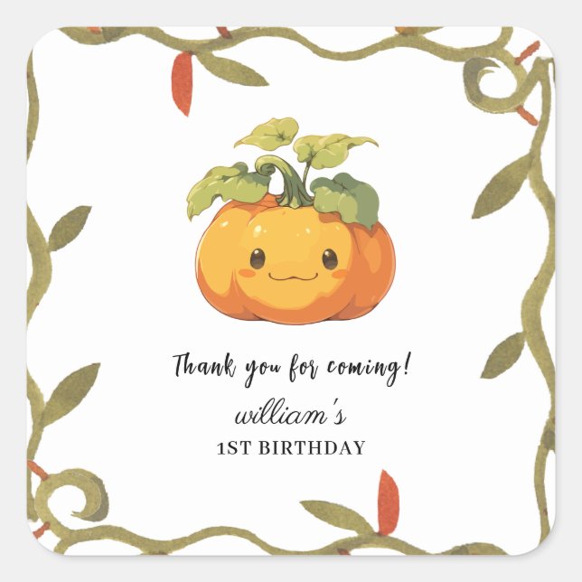 Cute Smiling Pumpkin Land Thank 1st Birthday Square Sticker (Front)