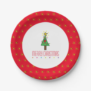 Cute Smiling Red Merry Christmas Tree Cartoon Paper Plate