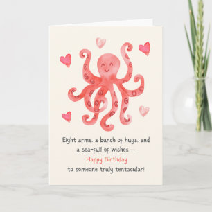 Cute Smiling Red Octopus Hearts Happy Birthday Card
