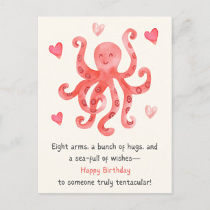 Cute Smiling Red Octopus Hearts Happy Birthday Postcard