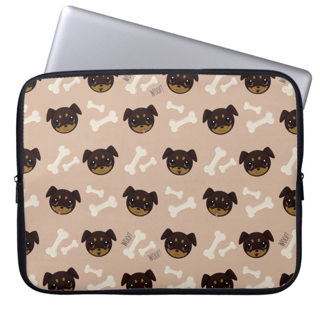 Cute Smiling Rottweiler Puppy & Bones Pattern Laptop Sleeve (Front)