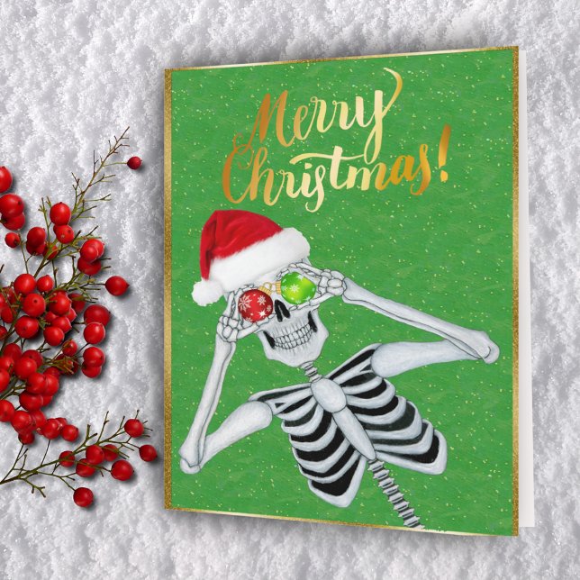 Cute Smiling Skeleton Ornaments Santa Hat Green  Holiday Card (Creator Uploaded)