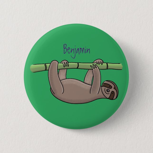 Cute smiling sloth on bamboo cartoon illustration 2 inch round button (Front)
