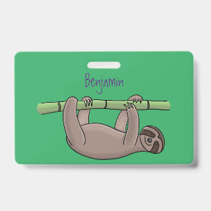 Cute smiling sloth on bamboo cartoon illustration badge