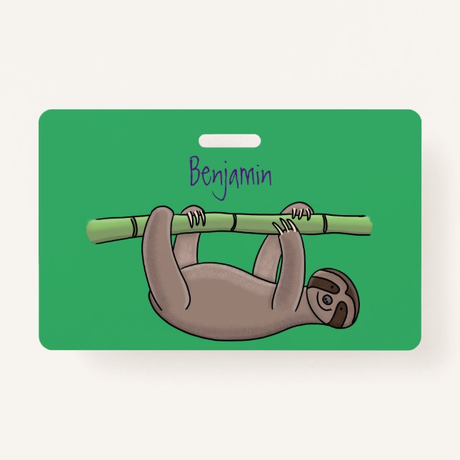Cute smiling sloth on bamboo cartoon illustration badge (Front)