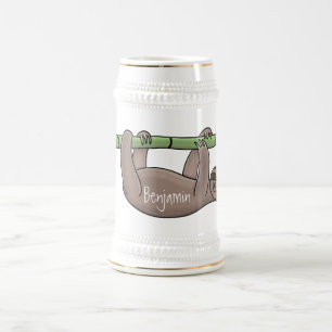 Cute smiling sloth on bamboo cartoon illustration beer stein