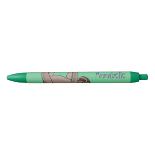 Cute smiling sloth on bamboo cartoon illustration black ink pen