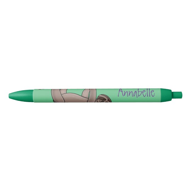 Cute smiling sloth on bamboo cartoon illustration black ink pen (Front)