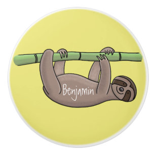 Cute smiling sloth on bamboo cartoon illustration ceramic knob
