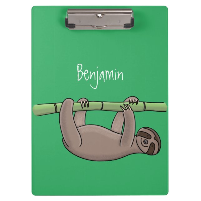 Cute smiling sloth on bamboo cartoon illustration clipboard (Front)