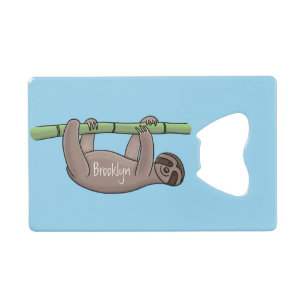 Cute smiling sloth on bamboo cartoon illustration credit card bottle opener