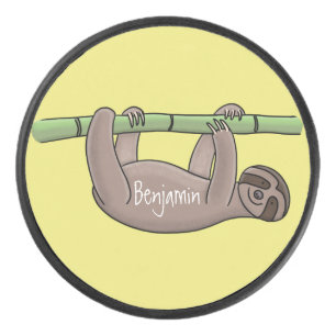 Cute smiling sloth on bamboo cartoon illustration hockey puck