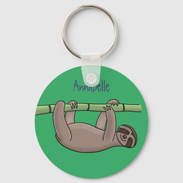 Cute smiling sloth on bamboo cartoon illustration keychain (Front)