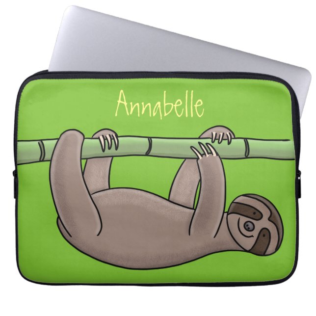 Cute smiling sloth on bamboo cartoon illustration laptop sleeve (Front)