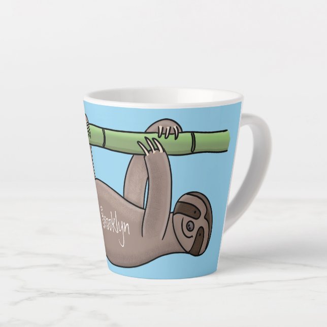 Cute smiling sloth on bamboo cartoon illustration latte mug (Right Angle)