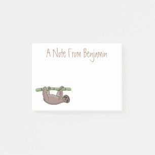 Cute smiling sloth on bamboo cartoon illustration post-it notes