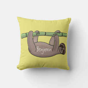 Cute smiling sloth on bamboo cartoon illustration throw pillow