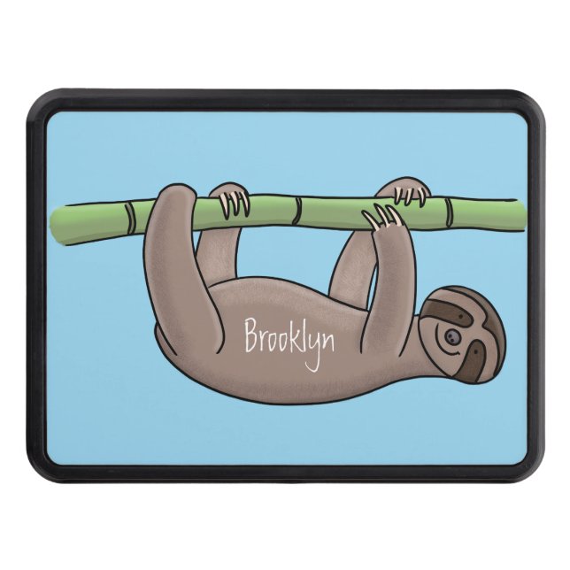Cute smiling sloth on bamboo cartoon illustration trailer hitch cover (Front)
