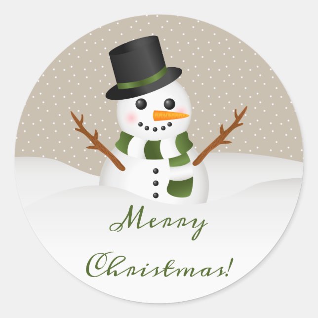 Cute Smiling Snowman With Merry Christmas Text Classic Round Sticker (Front)