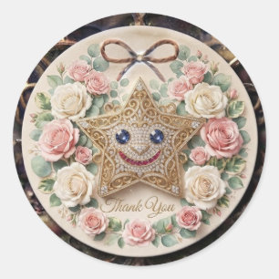 Cute Smiling Star with Roses Round Sticker   Flora