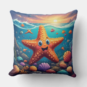 Cute Smiling Starfish Cartoon On Beach Throw Pillow