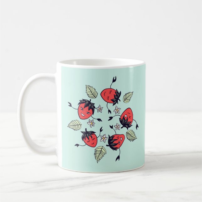 Cute Smiling Strawberry Characters Fun Cartoon Kid Coffee Mug (Left)