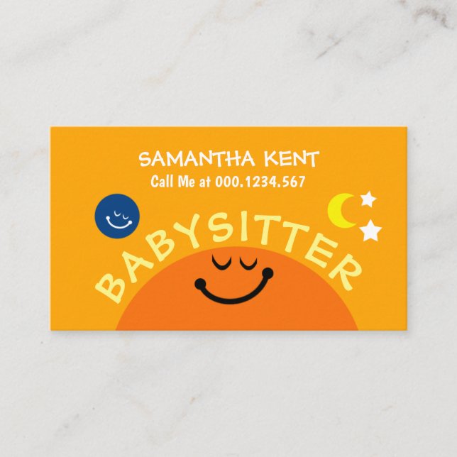 Cute Smiling Sun Babysits Earth Moon Stars Nanny Business Card (Front)
