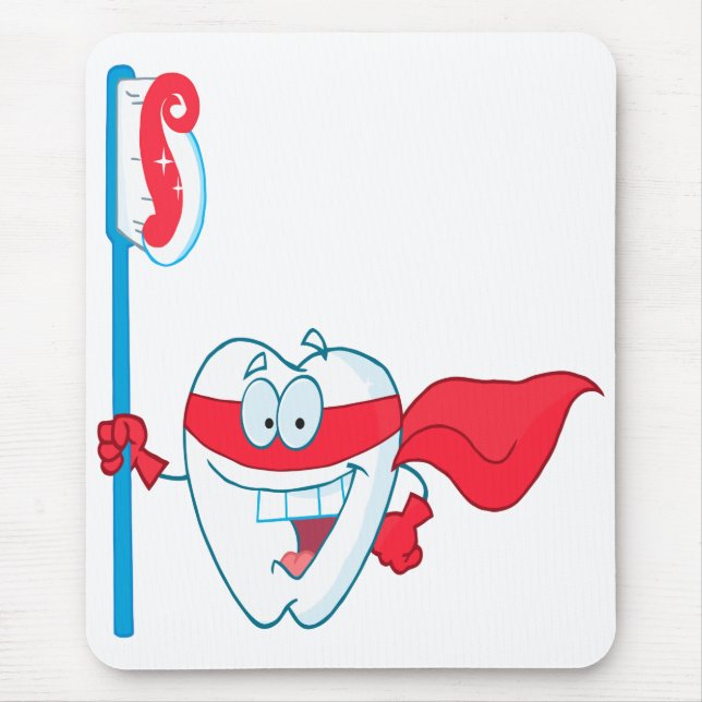 Cute Smiling Superhero Tooth With Toothbrush Mouse Pad (Front)