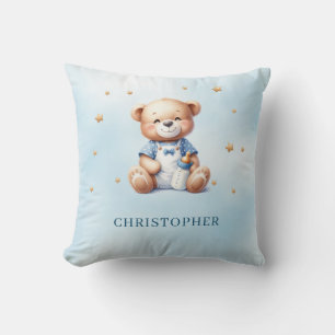Cute smiling teddy bear with baby bottle throw pillow