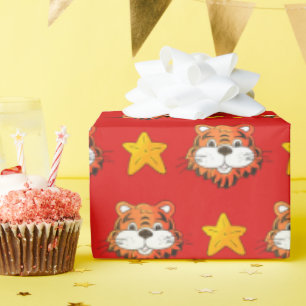 Cute smiling tiger and a golden star pattern  wrapping paper