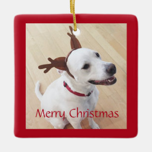 Cute Smiling White Dog With Antlers Red Christmas Ceramic Ornament