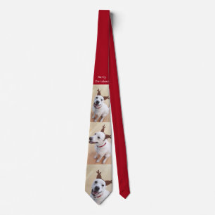 Cute Smiling White Reindeer Dog Christmas Red Tie