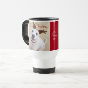 Cute Smiling White Reindeer Dog Christmas Red Travel Mug