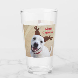 Cute Smiling White Reindeer Puppy Dog Christmas Glass